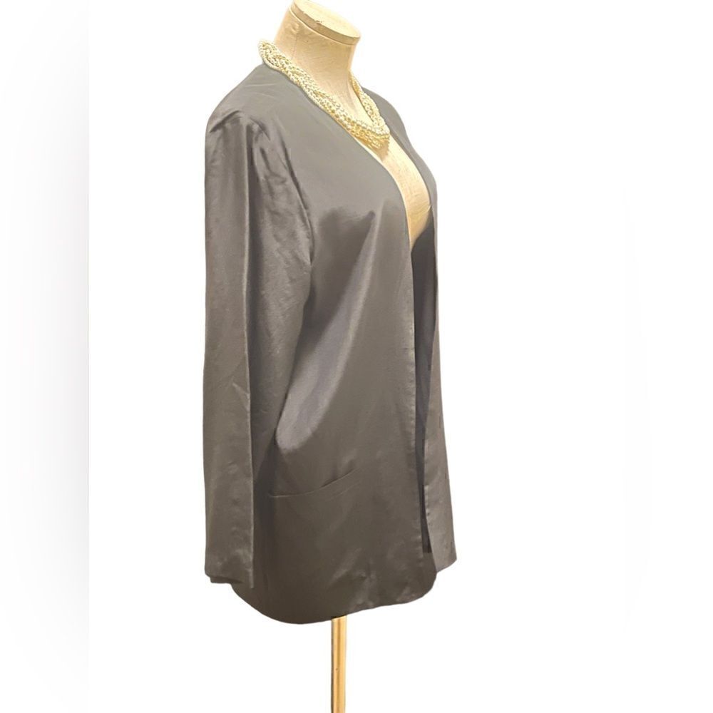 Elegant Vintage Black Silk Open Front Jacket with Functional Pockets by Silk Stu